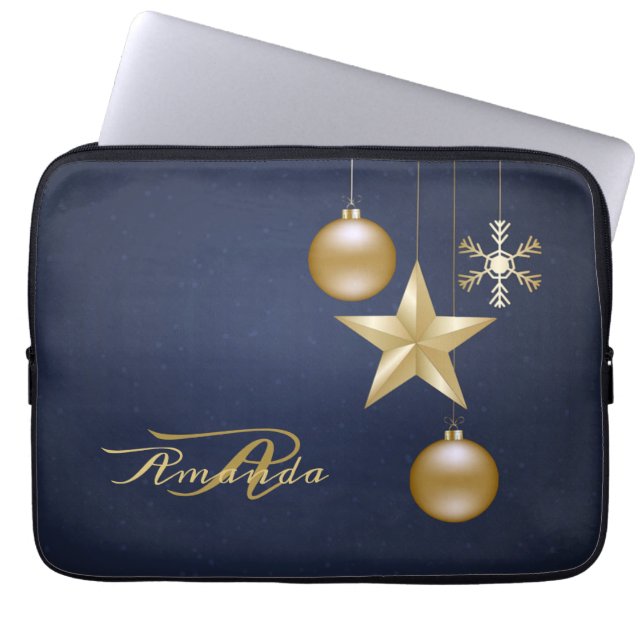 Capa Para Notebook Monograma de Natal Enfeites Dourados Azul Naval (Frente)