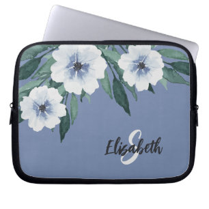Capa Para Notebook Monograma de Nome Estiloso em Aquarela Floral Azul