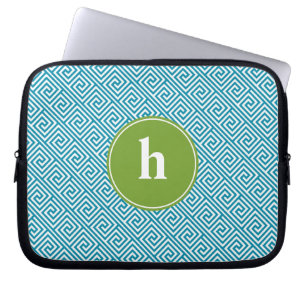 Capa Para Notebook Monograma de Padrão-Chave Grego Verde e Teal