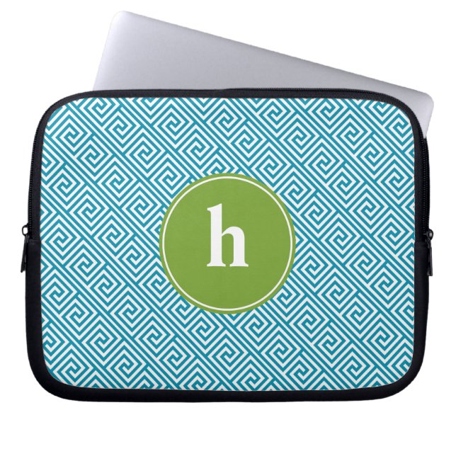 Capa Para Notebook Monograma de Padrão-Chave Grego Verde e Teal (Frente)