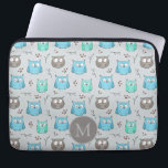 Capa Para Notebook Monograma de Padrão de Coroa de Cinzas Azuis Cuta<br><div class="desc">Pequenas corujas bonitas em azul e cinzas com monograma opcional.</div>