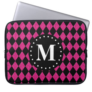 Capa Para Notebook Monograma de Padrão de Diamante Preto Rosa Quente