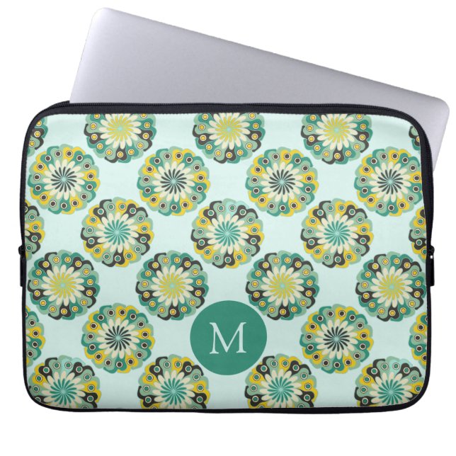 Capa Para Notebook Monograma de padrão de flor moderno em verde-teal (Frente)