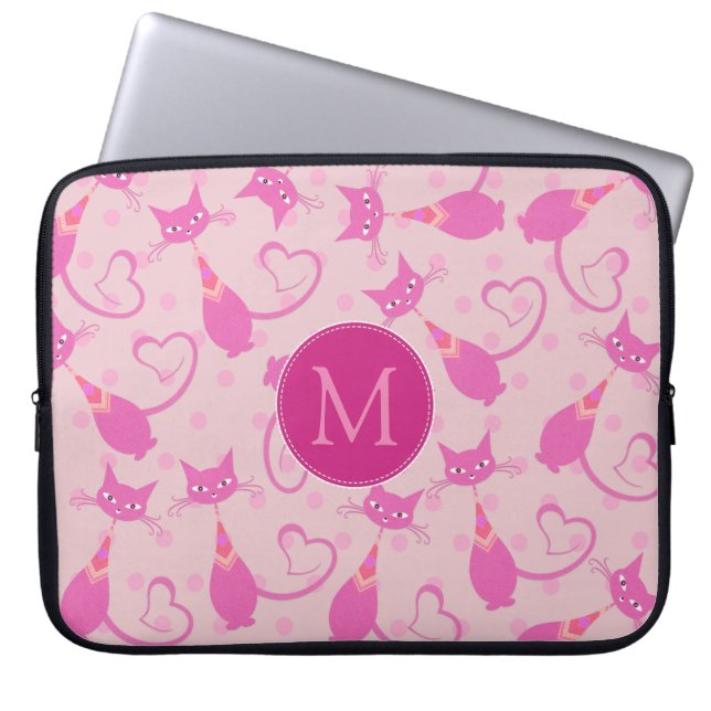 Capa Para Notebook Monograma de Padrão de Gato Sonolento Rosa Girly (Frente)