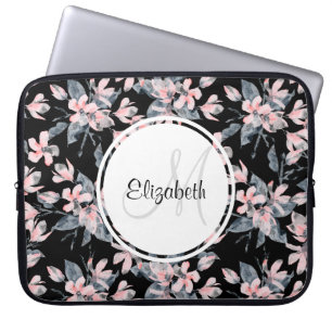 Capa Para Notebook Monograma de Padrão Flor de Aquarela Rosa e Cinza