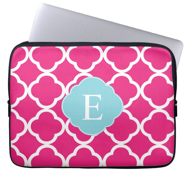 Capa Para Notebook Monograma de Quatrefoil Azul Rosa (Frente)