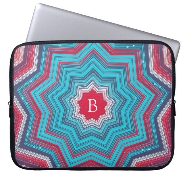 Capa Para Notebook Monograma de Roseta Mandala Azul e Vermelho (Frente)