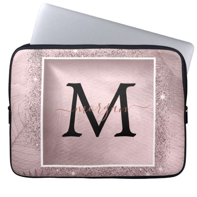Capa Para Notebook Monograma de Script Glitter Dourado rosa (Frente)