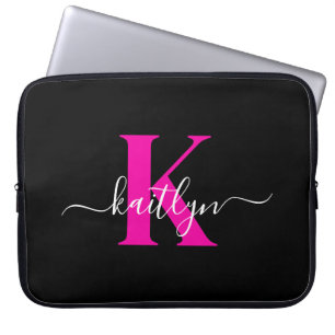 Capa Para Notebook Monograma de Script Rosa Quente Preto Elegante