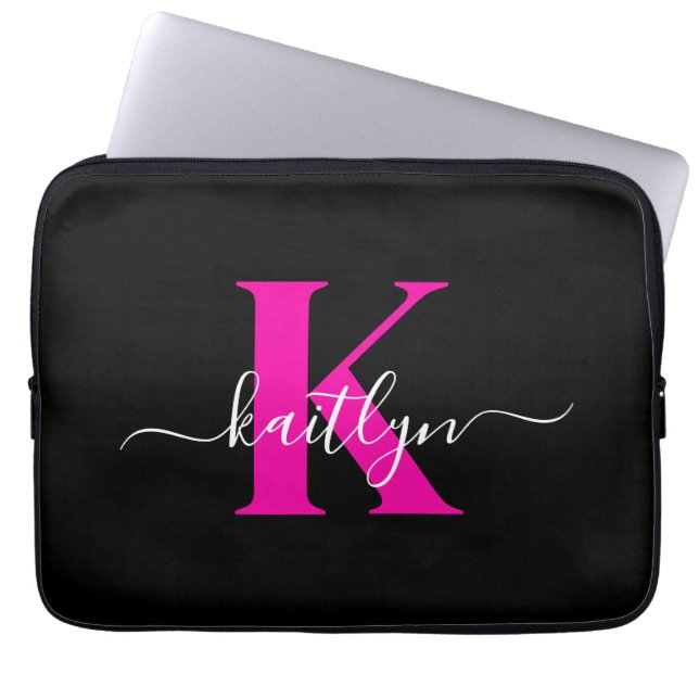 Capa Para Notebook Monograma de Script Rosa Quente Preto Elegante (Frente)