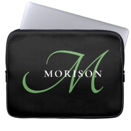 Capa Para Notebook Monograma de Script Verde Preto Moderno Elegante