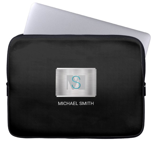 Capa Para Notebook Monograma de Teal e Cinza, Nome Branco, Prata, Pre (Frente)