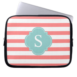 Capa Para Notebook Monograma de tiras de coral e de menta