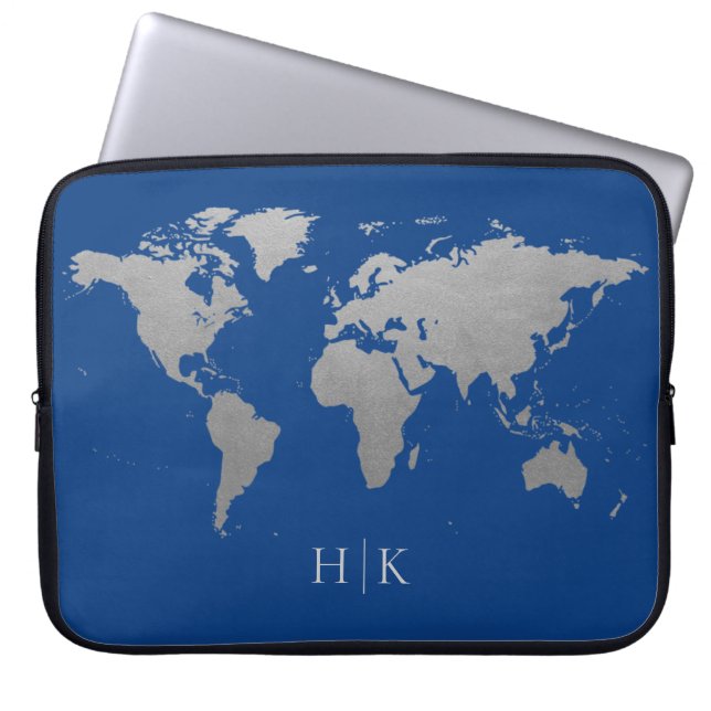 Capa Para Notebook Monograma do Mapa Mundial Profissional Azul Prata (Frente)