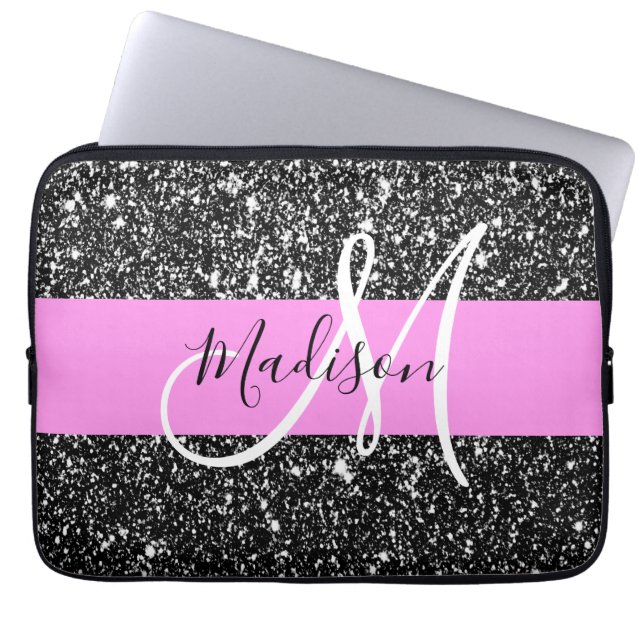 Capa Para Notebook Monograma do Nome de Sparkle Preto Glitter Glam-Co (Frente)