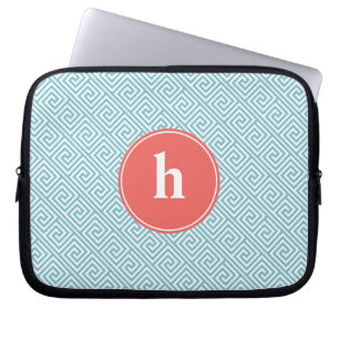 Capa Para Notebook Monograma do Padrão-Chave Grego de Aqua e Coral