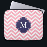 Capa Para Notebook Monograma do padrão de Zigzags cor-de-rosa e azul<br><div class="desc">Tiras quevron modernas e quatrefoil monograma design.</div>