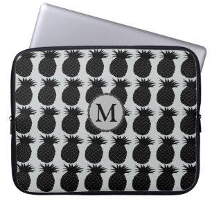 Capa Para Notebook Monograma do padrão do abacaxi preto e branco clás
