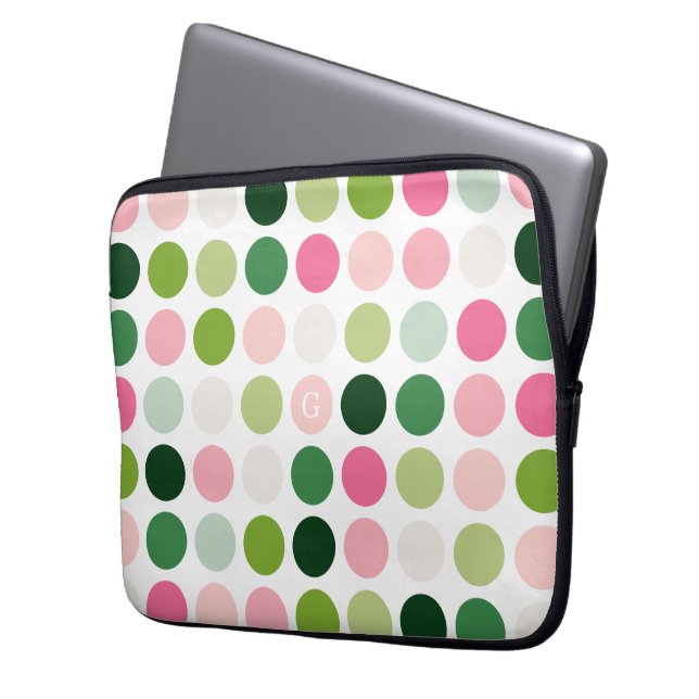 Capa Para Notebook Monograma do padrão verde-rosa moderno das bolinha (Frente Esquerda)