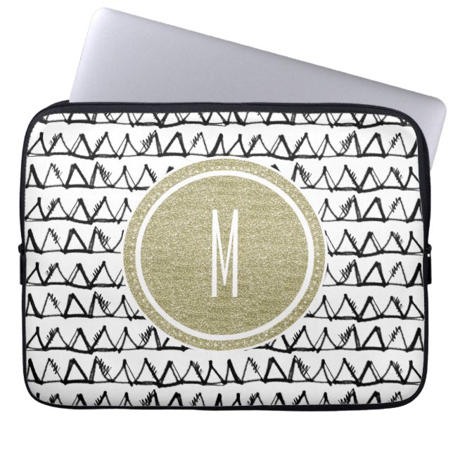 Capa Para Notebook Monograma Dourado do brilho dos triângulos pretos (Frente)