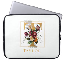 Capa Para Notebook Monograma Dourado Elegante com Floral Burgundy e N
