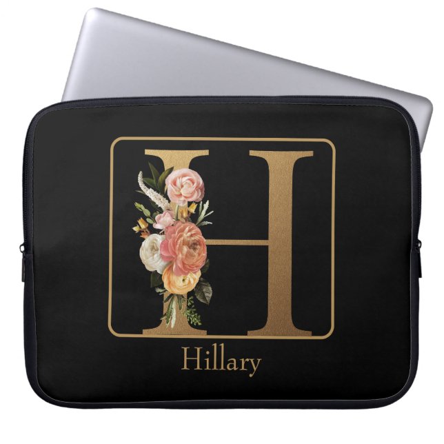 Capa Para Notebook Monograma Dourado Floral em Preto com Nome (Frente)