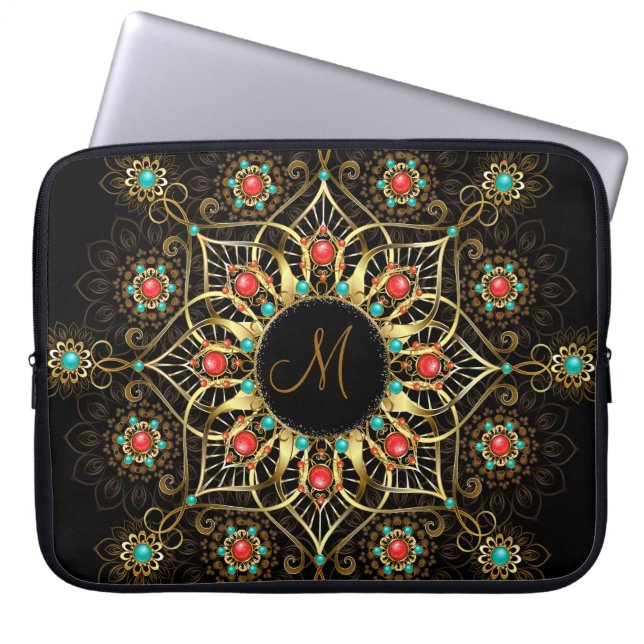Capa Para Notebook Monograma Dourado Turquoise Red Mandala (Frente)