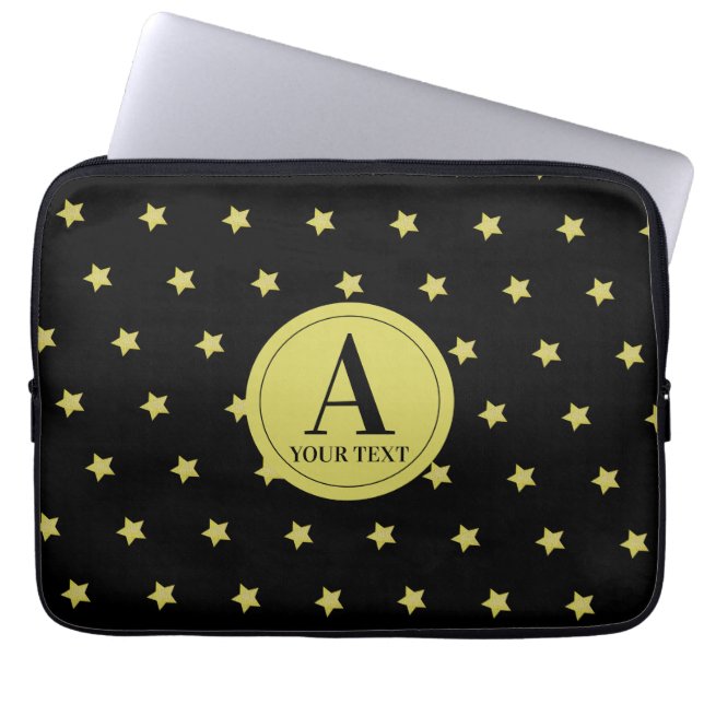 Capa Para Notebook Monograma Elegante com Estrelas em Ouro e Preto (Frente)