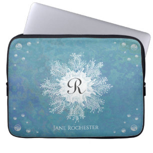 Capa Para Notebook Monograma Elegante de Coral Marinho Azul-Verde