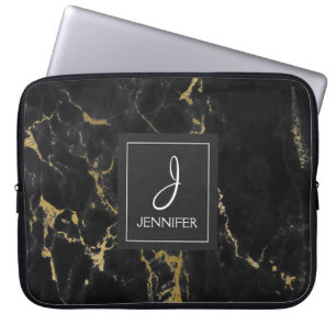 Capa Para Notebook Monograma elegante de mármore Dourado e preto
