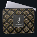 Capa Para Notebook Monograma Elegante de Padrão Floral de Folha Rosa<br><div class="desc">Mala de Monograma Elegante,  Padrão Floral de Folha de Ouro Cor-de-rosa,  Negra e Negra. Esse caso pode ser personalizado para incluir o nome inicial e o nome do cheio.</div>