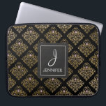 Capa Para Notebook Monograma Elegante de Padrão Floral de Folha Rosa<br><div class="desc">Mala de Monograma Elegante,  Padrão Floral de Folha de Ouro Cor-de-rosa,  Negra e Negra. Esse caso pode ser personalizado para incluir o nome inicial e o nome do cheio.</div>