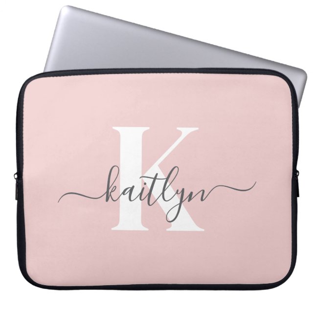 Capa Para Notebook Monograma Elegante em Rosa Bege e Cinza (Frente)