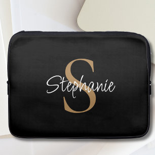 Capa Para Notebook  Monograma Elegante Nome Script Preto Dourado