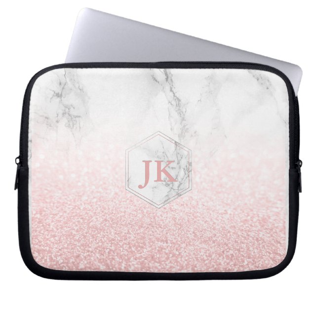 Capa Para Notebook Monograma em Rose Gold + Bokeh de Neve + Mármore (Frente)
