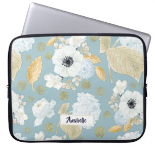 Capa Para Notebook Monograma floral azul & branco do primavera do
