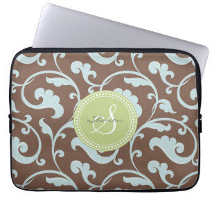 Capa Para Notebook Monograma floral azul marrom feminino elegante do
