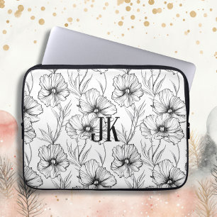 Capa Para Notebook Monograma Floral Branco e Preto Moderno