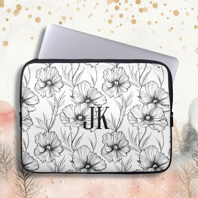 Capa Para Notebook Monograma Floral Branco e Preto Moderno (Criador carregado)