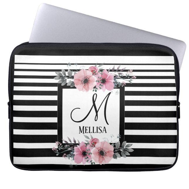 Capa Para Notebook Monograma Floral Cor-de-rosa com faixas brancas e  (Frente)