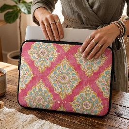 Capa Para Notebook Monograma Floral Damasco Rosa Personalizado Vintag