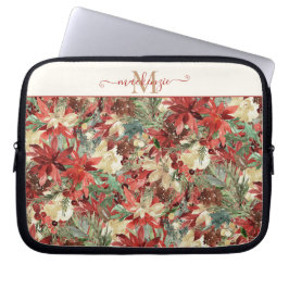 Capa Para Notebook Monograma Floral de Poinsettia Feriada Elegante