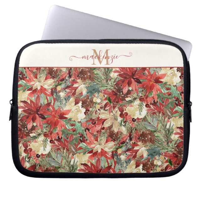 Capa Para Notebook Monograma Floral de Poinsettia Feriada Elegante (Frente)