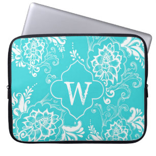Capa Para Notebook Monograma floral decorativo azul Elegantaqua