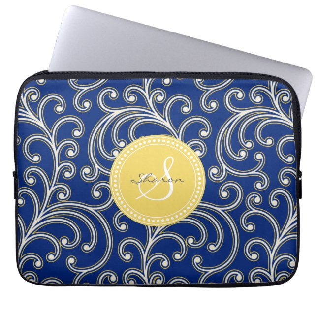 Capa Para Notebook Monograma floral do teste padrão dos azuis (Frente)