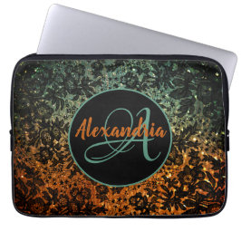 Capa Para Notebook Monograma Floral na moda Laranja e Preto Verde