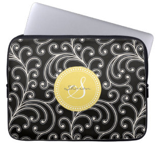 Capa Para Notebook Monograma floral preto feminino elegante do teste