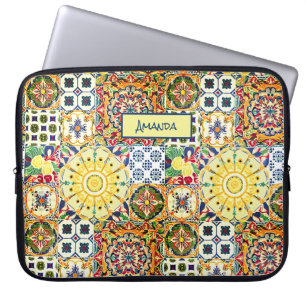 Capa Para Notebook Monograma geométrico dos azulejos de laranja medit
