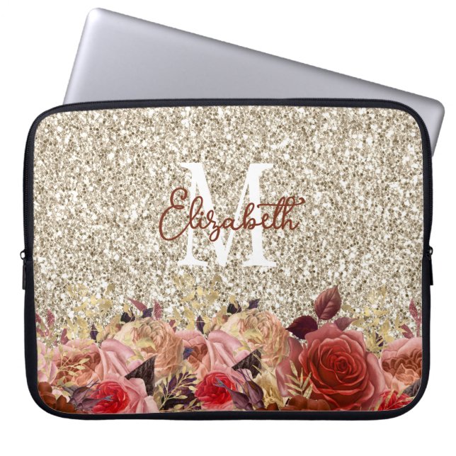 Capa Para Notebook Monograma Glamour Rosê Dourado Flores Brilho Doura (Frente)
