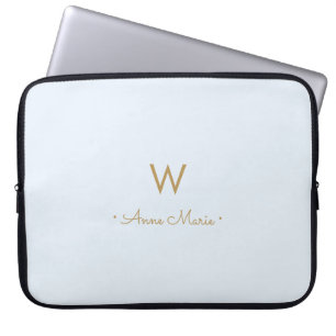 Capa Para Notebook Monograma moderno em azul poeirado claro dourado e